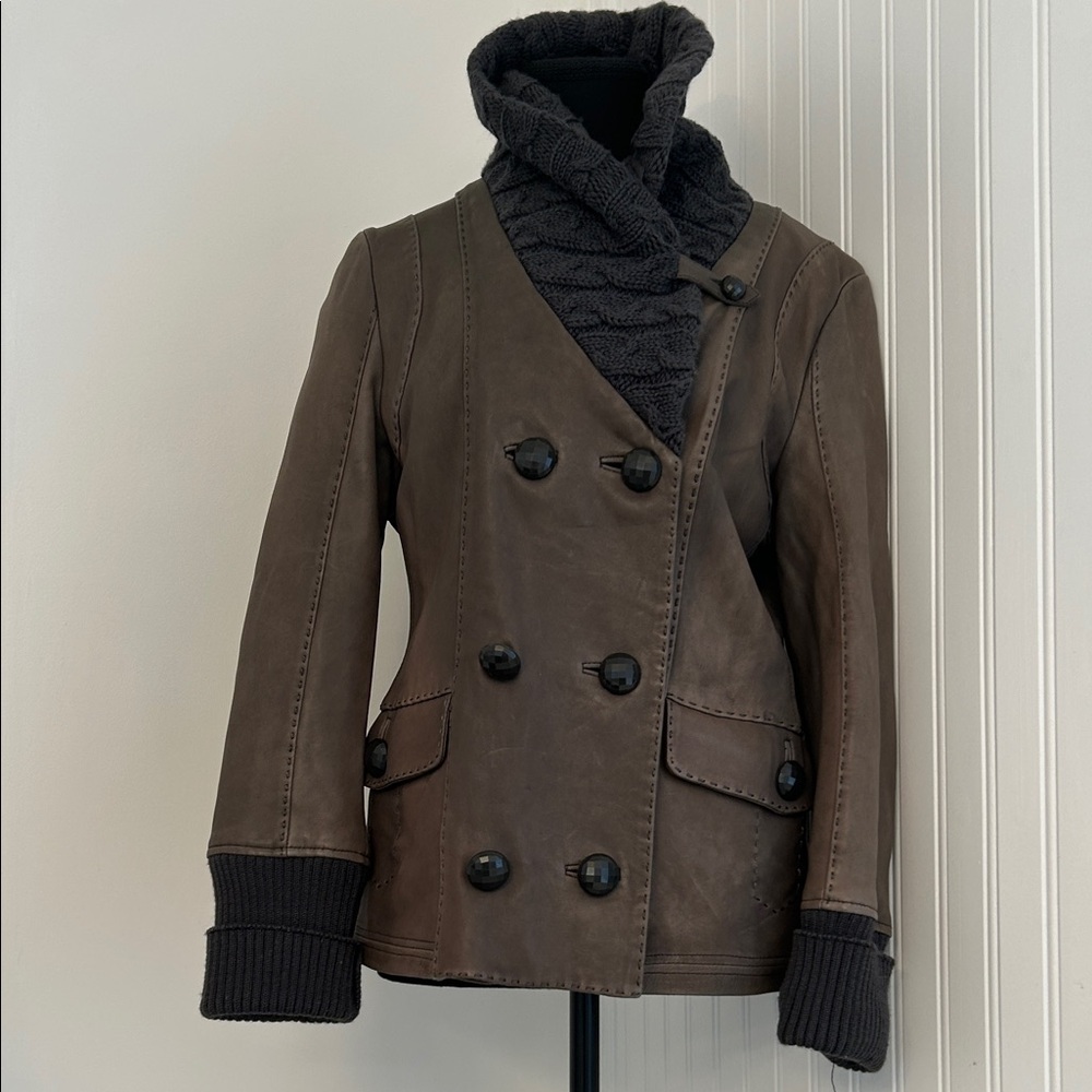 Mackage Women's Double-Breasted Mossy Green Brown Butter Leather Jacket